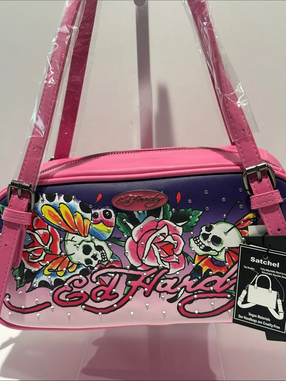 NWT Ed Hardy Pink Harmony Bowling Satchel with adjustable Straps.
